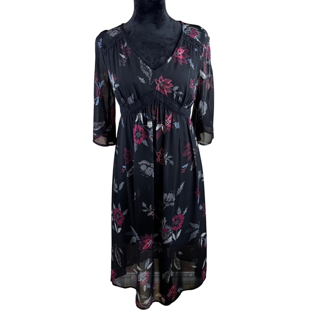 Eyeshadow Floral Chiffon Midi Dress Black Anemone Crochet Trim V-Neck NWT Small